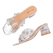 Women Transparent Silver Studded Block Heels (W-RST-121-SILVER)