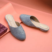 Women Blue Embellished Closed-Toe Mules (W-RST-122-BLUE)