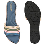 Women Multi-Color Strap Flat Slides – Blue Base (W-RST-123-BLUE-MULTI)