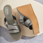 Women Gunmetal Cross Strap Wedge Sandals with Buckle (W-RST-124-GUNMETAL)