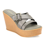 Women Gunmetal Cross Strap Wedge Sandals with Buckle (W-RST-124-GUNMETAL)