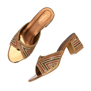 Women Partywear Embroidered Block Heel Sandal (W-RST-126-ANTIQUE)