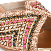Women Partywear Embroidered Block Heel Sandal (W-RST-126-ROSEGOLD)