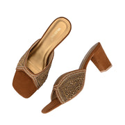 Women Blue Silver Crystal Block Heel Sandal (W-RST-130-TAN)