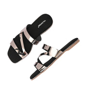 Women Triple Strap Metallic Flat Slide Sandal (W-RST-131-GUNMETAL)
