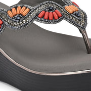 Women Gunmetal Beaded Wedge Platform Thong Sandal (W-RST-132-GUNMETAL)