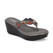 Women Gunmetal Beaded Wedge Platform Thong Sandal (W-RST-132-GUNMETAL)