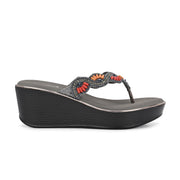 Women Gunmetal Beaded Wedge Platform Thong Sandal (W-RST-132-GUNMETAL)