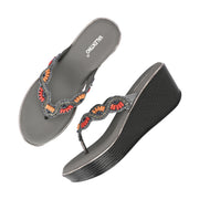 Women Gunmetal Beaded Wedge Platform Thong Sandal (W-RST-132-GUNMETAL)