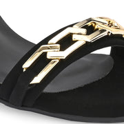 Women Black & Gold Block Heel Ankle Strap Sandal (W-RST-134-BLACK)