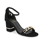 Women Black & Gold Block Heel Ankle Strap Sandal (W-RST-134-BLACK)