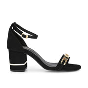 Women Black & Gold Block Heel Ankle Strap Sandal (W-RST-134-BLACK)