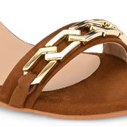 Women Tan & Gold Block Heel Ankle Strap Sandal (W-RST-134-TAN)