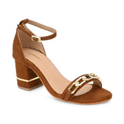 Women Tan & Gold Block Heel Ankle Strap Sandal (W-RST-134-TAN)