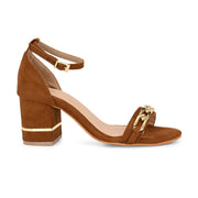 Women Tan & Gold Block Heel Ankle Strap Sandal (W-RST-134-TAN)