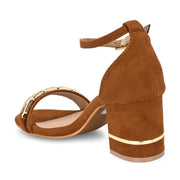 Women Tan & Gold Block Heel Ankle Strap Sandal (W-RST-134-TAN)