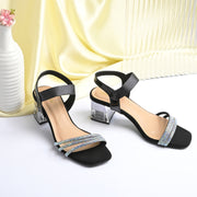 Women Black Strappy Crystal Block Heel Sandal (W-RST-135-BLACK)