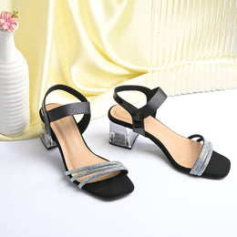 Women Black Strappy Crystal Block Heel Sandal (W-RST-135-BLACK)