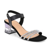 Women Black Strappy Crystal Block Heel Sandal (W-RST-135-BLACK)