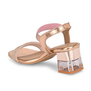 Women Rose Gold Strappy Crystal Block Heel Sandal (W-RST-135-ROSEGOLD)