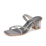 Women Gunmetal Rhinestone Strappy Block Heel Sandal (W-RST-136-GUNMETAL)