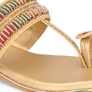 Women Beige Gold Beaded Toe Ring Flat Sandal (W-RST-138-BEIGE-GOLD)