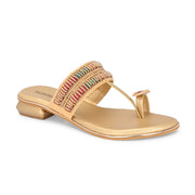 Women Beige Gold Beaded Toe Ring Flat Sandal (W-RST-138-BEIGE-GOLD)