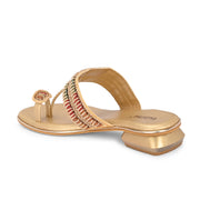 Women Beige Gold Beaded Toe Ring Flat Sandal (W-RST-138-BEIGE-GOLD)
