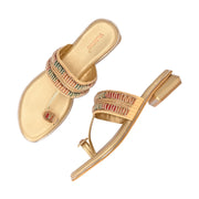 Women Beige Gold Beaded Toe Ring Flat Sandal (W-RST-138-BEIGE-GOLD)