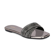 Women Crystal Embellished Flat Slide Sandal (W-RST-139-GUNMETAL)