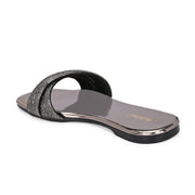 Women Crystal Embellished Flat Slide Sandal (W-RST-139-GUNMETAL)