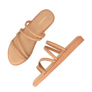 Women Beige Triple Strap Flat Comfort Sandal (W-RST-141-BEIGE)