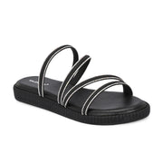 Women Black Triple Strap Flat Comfort Sandal (W-RST-141-BLACK)