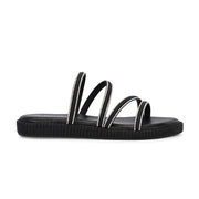Women Black Triple Strap Flat Comfort Sandal (W-RST-141-BLACK)