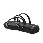 Women Black Triple Strap Flat Comfort Sandal (W-RST-141-BLACK)