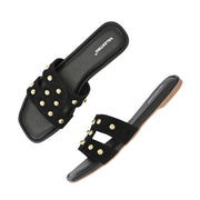 Women Black Studded Cross Strap Flat Slide (W-RST-142-BLACK)