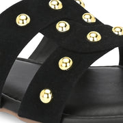 Women Black Studded Cross Strap Flat Slide (W-RST-142-BLACK)