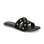 Women Black Studded Cross Strap Flat Slide (W-RST-142-BLACK)