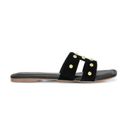 Women Black Studded Cross Strap Flat Slide (W-RST-142-BLACK)