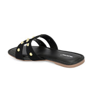 Women Black Studded Cross Strap Flat Slide (W-RST-142-BLACK)