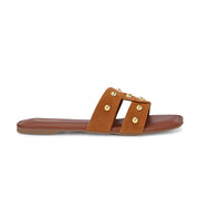 Women Tan Studded Cross Strap Flat Slide (W-RST-142-TAN)