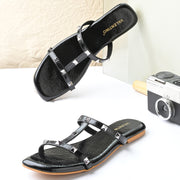 Women Black Patent Studded Flats (W-SHI-116-BLACK)