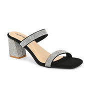 Women Black Crystal Block Heels (W-SHI-125-BLACK)
