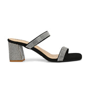 Women Black Crystal Block Heels (W-SHI-125-BLACK)