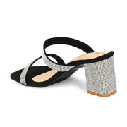 Women Black Crystal Block Heels (W-SHI-125-BLACK)