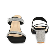 Women Black Crystal Block Heels (W-SHI-125-BLACK)