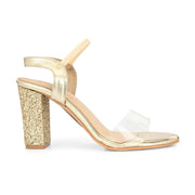 Women Transparent Strap Party Block Heels (W-SHI-126-GOLD)