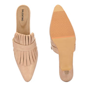 Women Beige Fringe Slip-On Kitten Heels (W-SHI-79-BEIGE)