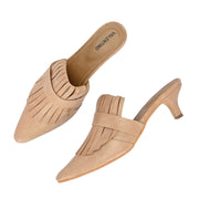 Women Beige Fringe Slip-On Kitten Heels (W-SHI-79-BEIGE)