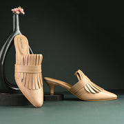 Women Beige Fringe Slip-On Kitten Heels (W-SHI-79-BEIGE)